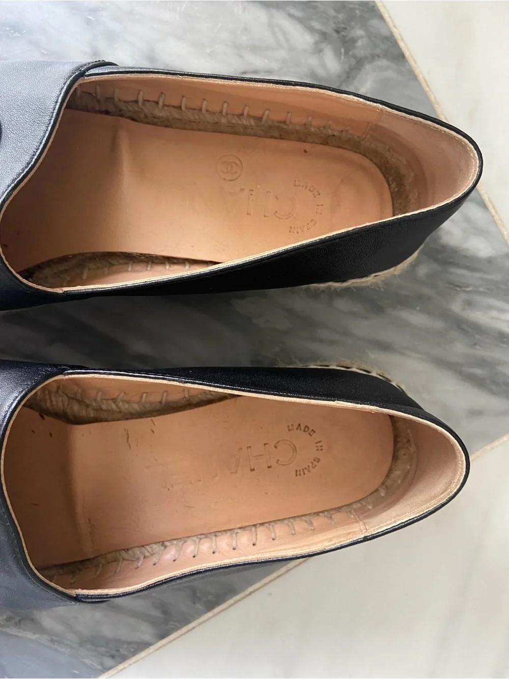 CHANEL Black Leather Espadrille Flats with Interlocking CC